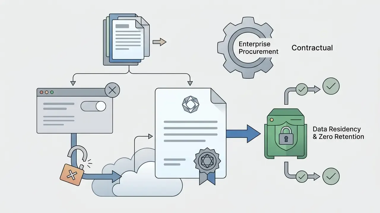 Documents flowing into a toggle interface and a legal contract leading to a secure server with checkmarks