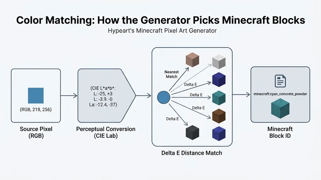 Flowchart showing the conversion of an RGB pixel through CIE Lab color space to a Minecraft block ID