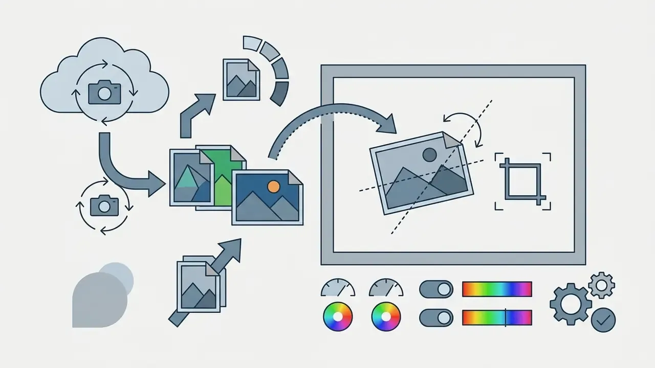 Flowchart showing digital images moving from cloud storage into a workspace for rotation and cropping