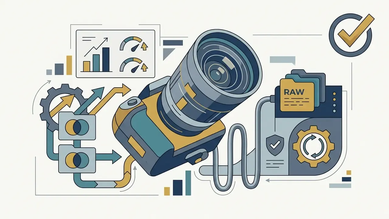Camera connected to a computer processing RAW files with gears and performance charts in a stylized layout