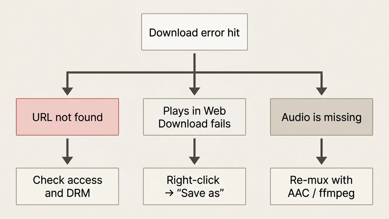 Flowchart displaying troubleshooting steps for common media file download errors and their solutions