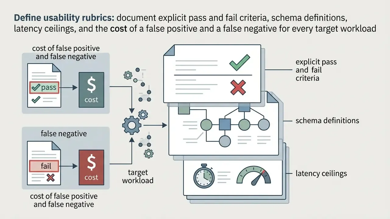 Document processing steps connecting cost metrics and usability rubrics to target workload requirements