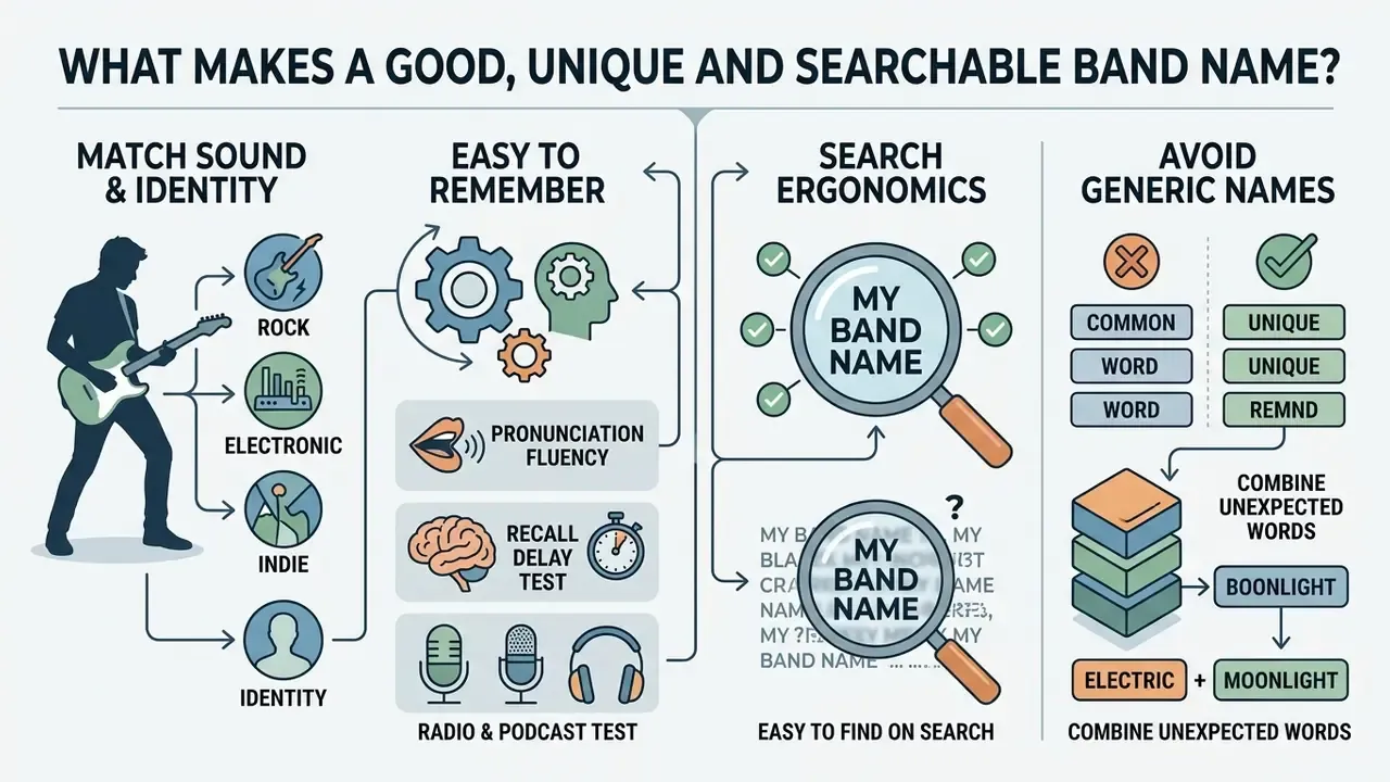 Infographic showing criteria for selecting a band name including sound identity and searchability