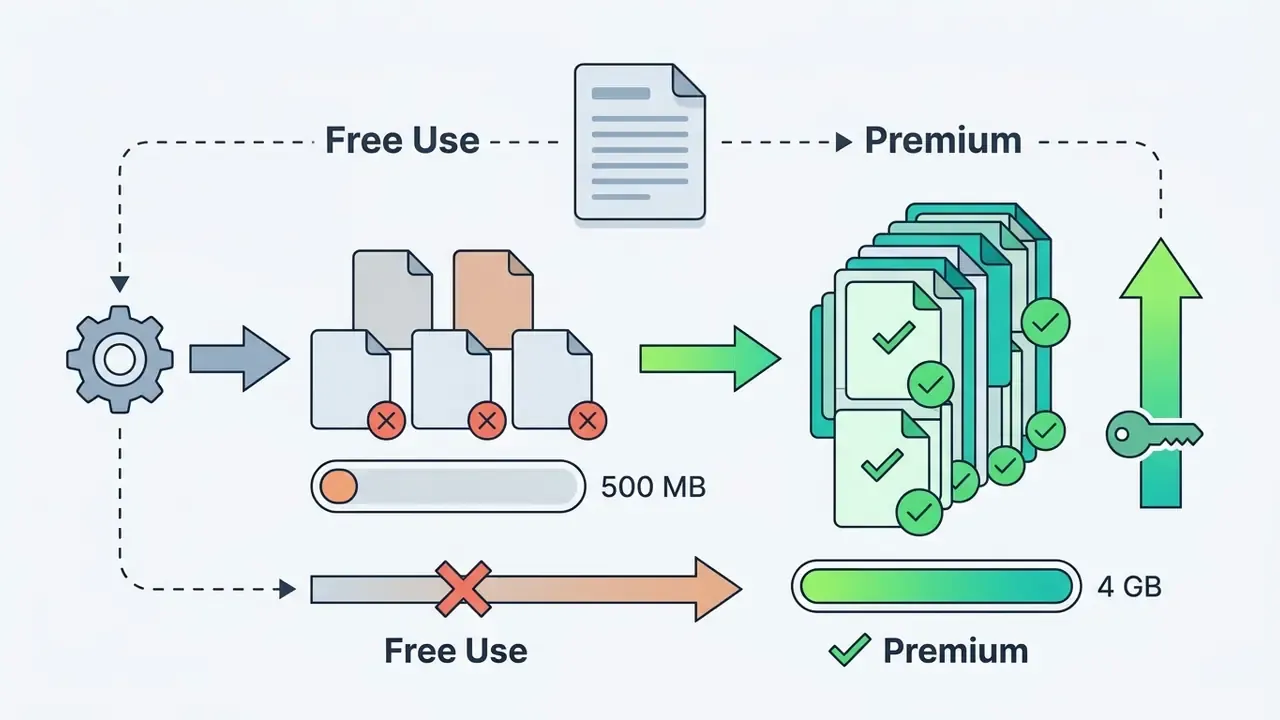 Comparison of free and premium file processing limits for an online video converter
