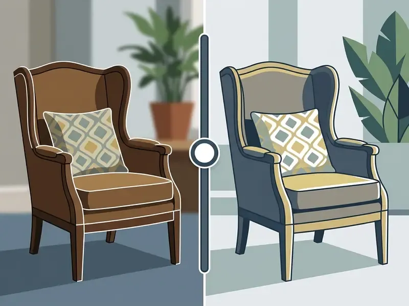 Split screen showing a realistic brown armchair transformed into a stylized cartoon version by an AI