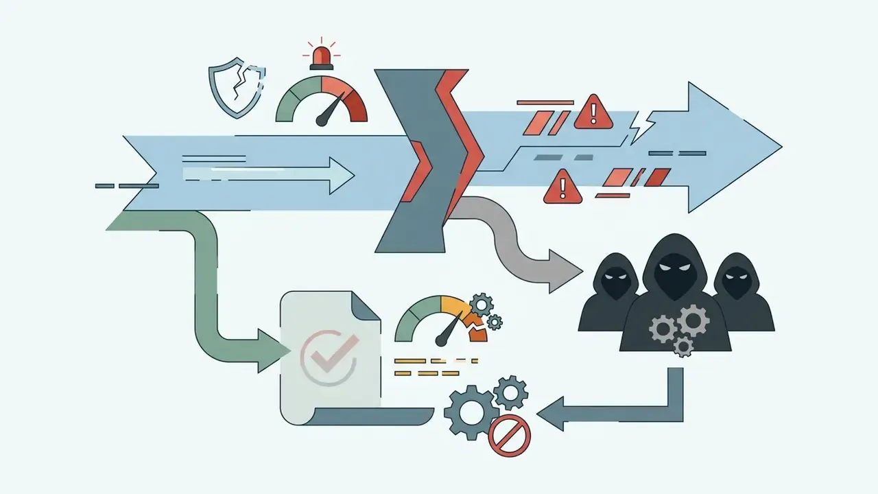 Broken shield and warning icons leading to hooded figures representing risks in digital communication