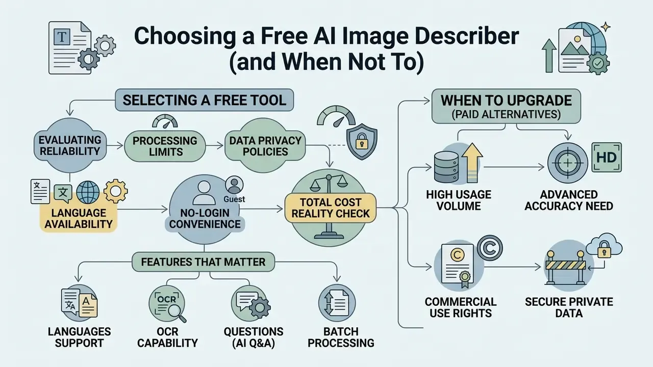Decision tree infographic comparing criteria for selecting free tools versus upgrading to paid plans