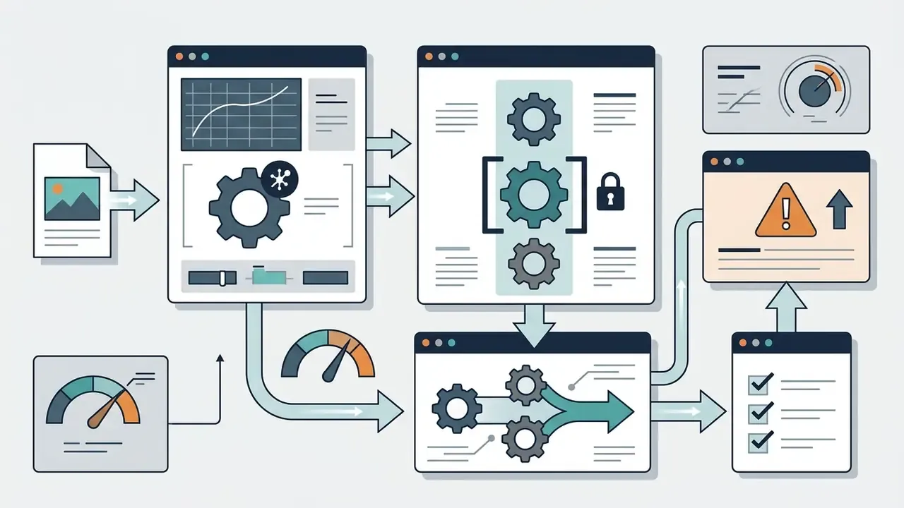 Document input flowing through gear-driven software interfaces to generate status and checklist reports