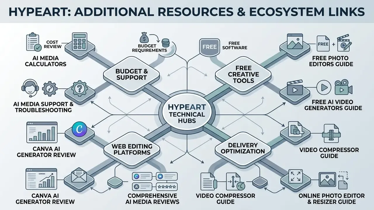 Network diagram connecting technical hubs to various software guides, calculators, and review resources