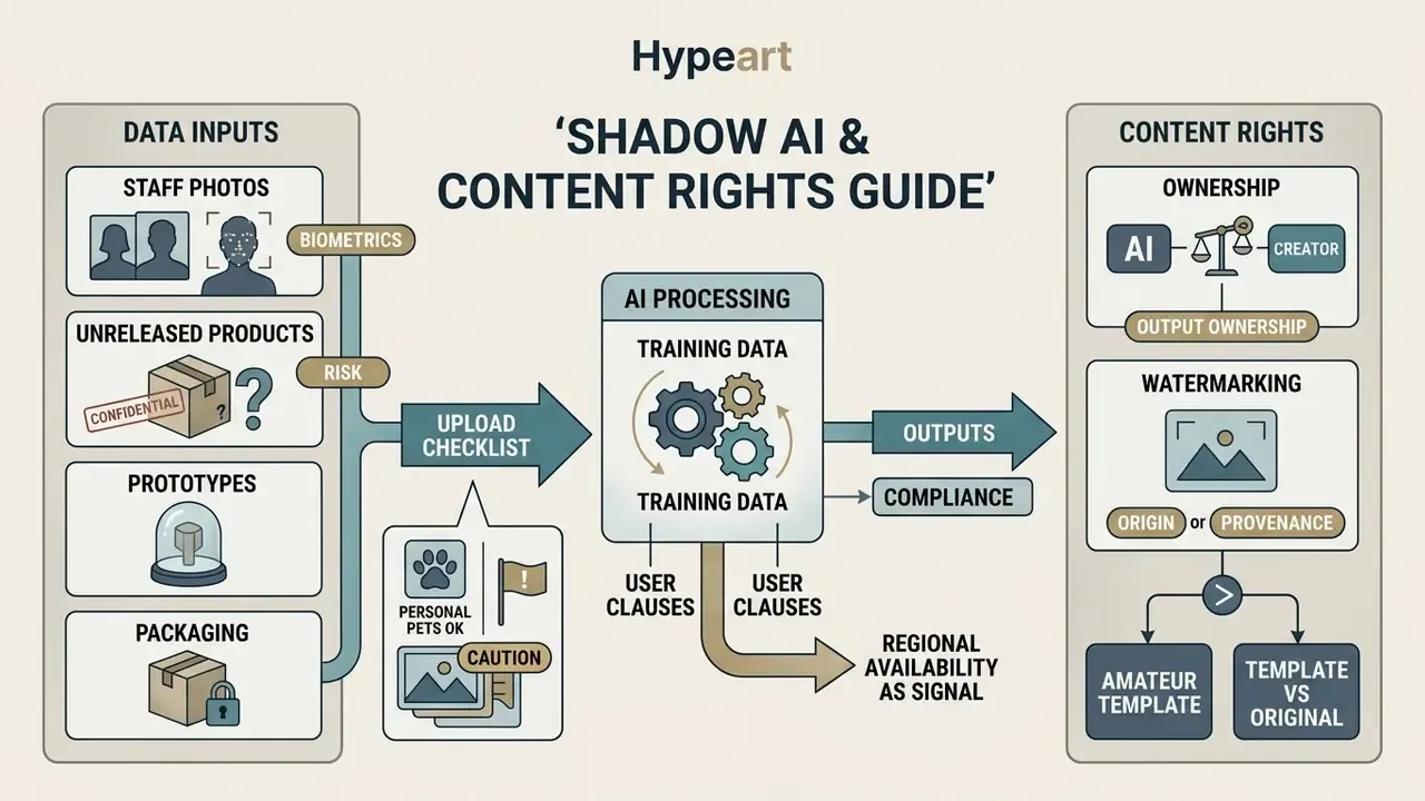 Flowchart mapping data inputs, AI processing steps, and content rights considerations for digital assets