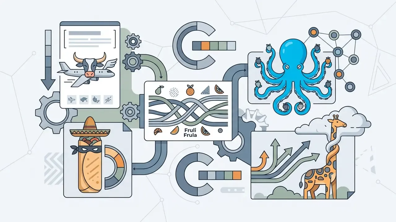 Diagram connecting icons of a flying cow, burrito, octopus, and giraffe with gears and data flow lines