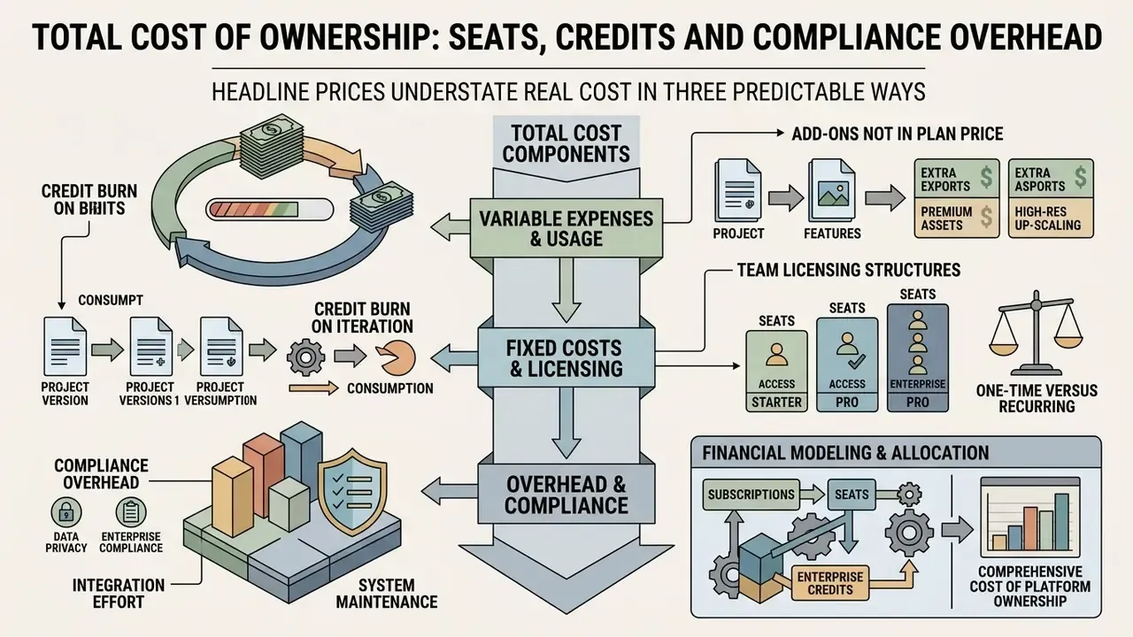 Breakdown of cost components including variable usage, fixed licensing, and compliance overhead for software