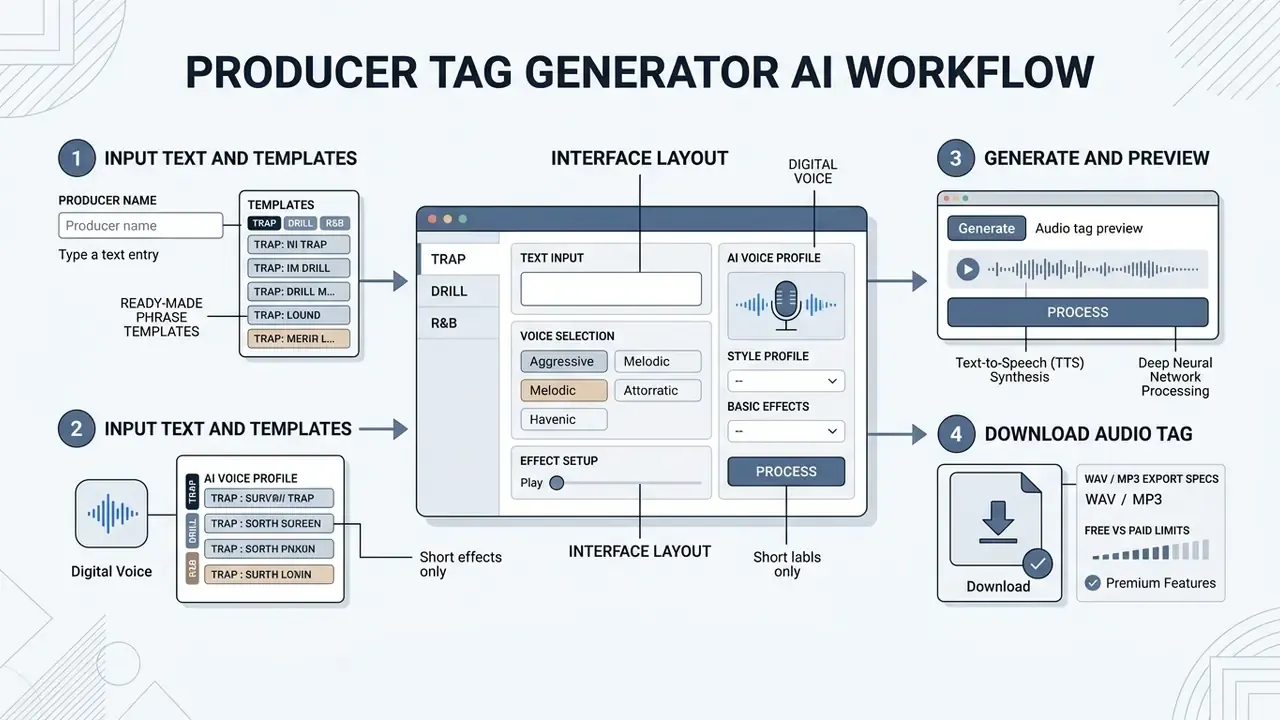 Flowchart showing the four steps of a producer tag generator AI from text input to audio download