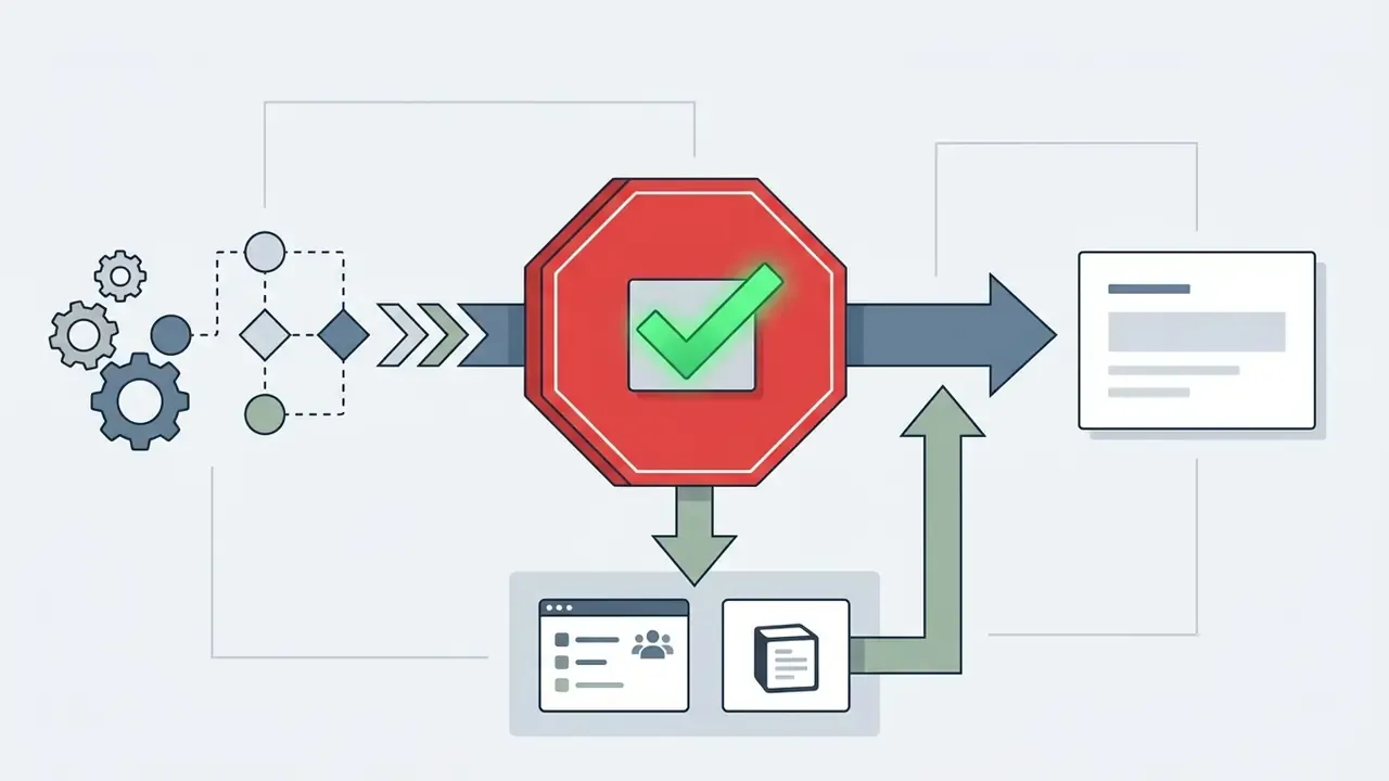 Automated process flow passing through a central approval gate before reaching a final document output