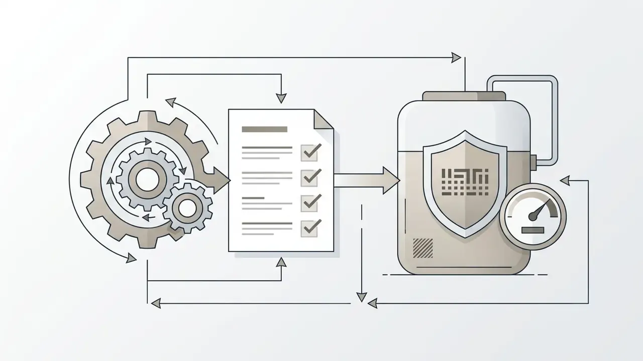 Gears processing a checklist document into a protected container with a shield and gauge icon