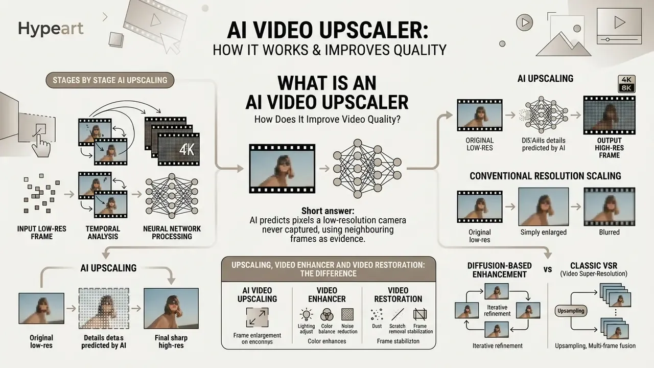 Infographic explaining how an AI video upscaler uses neural networks and temporal analysis to enhance resolution
