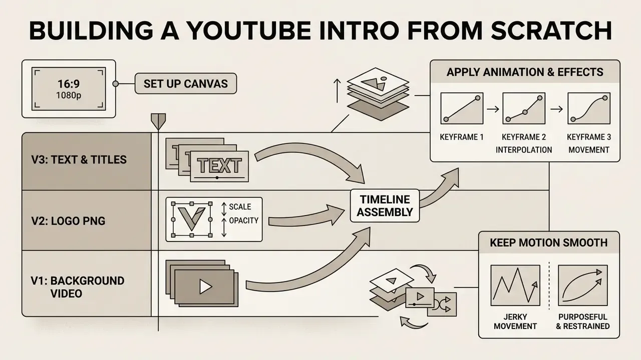 Diagram showing multi-track timeline assembly for a custom YouTube intro with keyframe animation steps