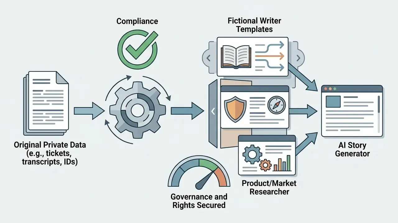 Private data flowing through a compliance gear into templates that feed an AI story generator
