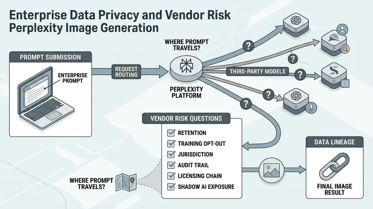 Diagram showing how Perplexity routes user prompts to third-party models and highlights vendor risk factors