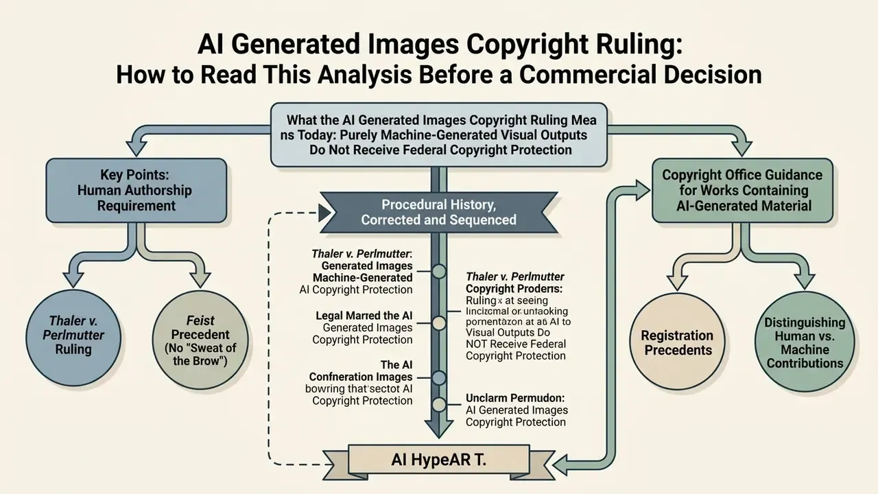 Flowchart outlining the human authorship requirement and procedural history of the AI copyright ruling