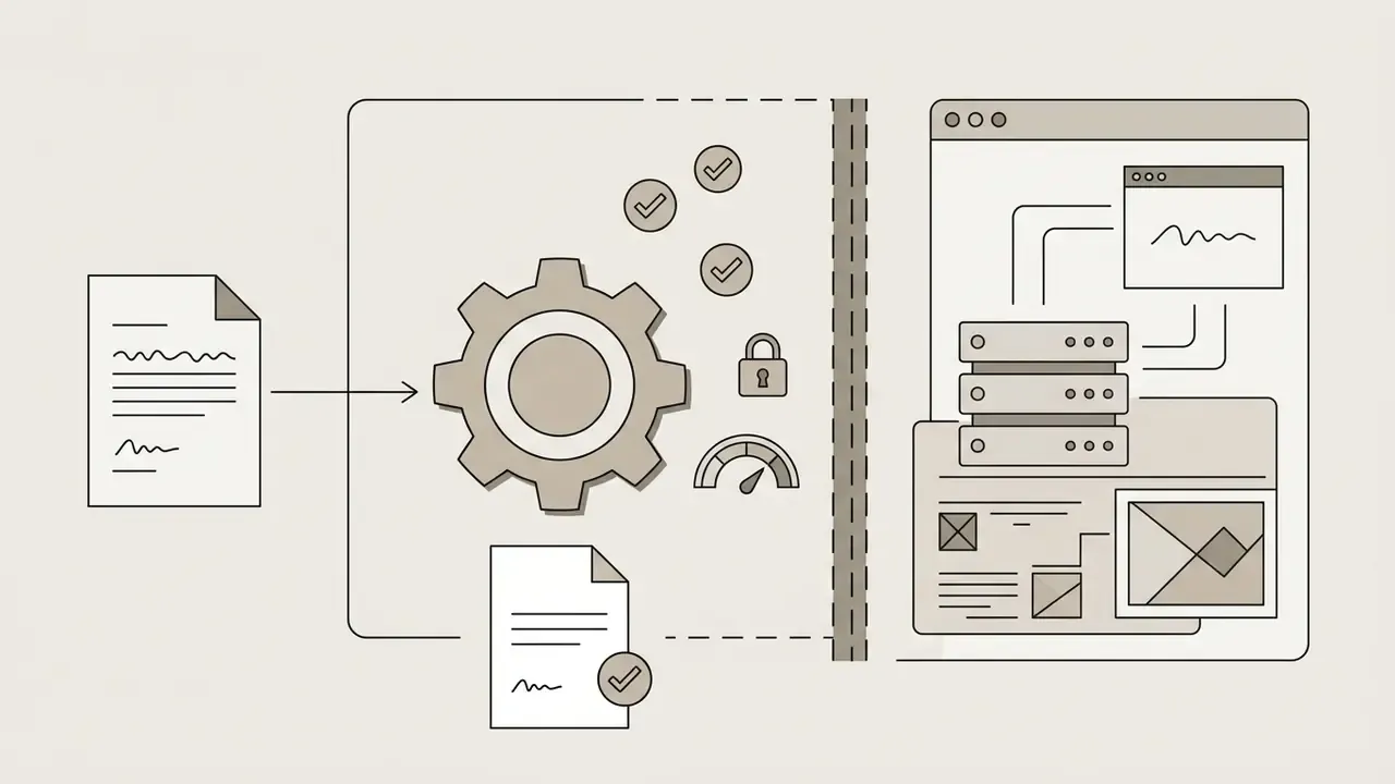 Document icon feeding into a gear mechanism separated by a barrier from a server and browser interface