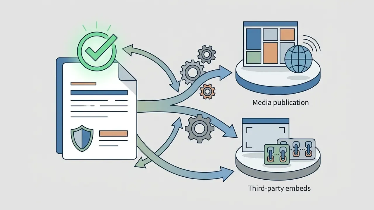 Document with a green checkmark and shield icon flowing through gears toward media and embed platforms