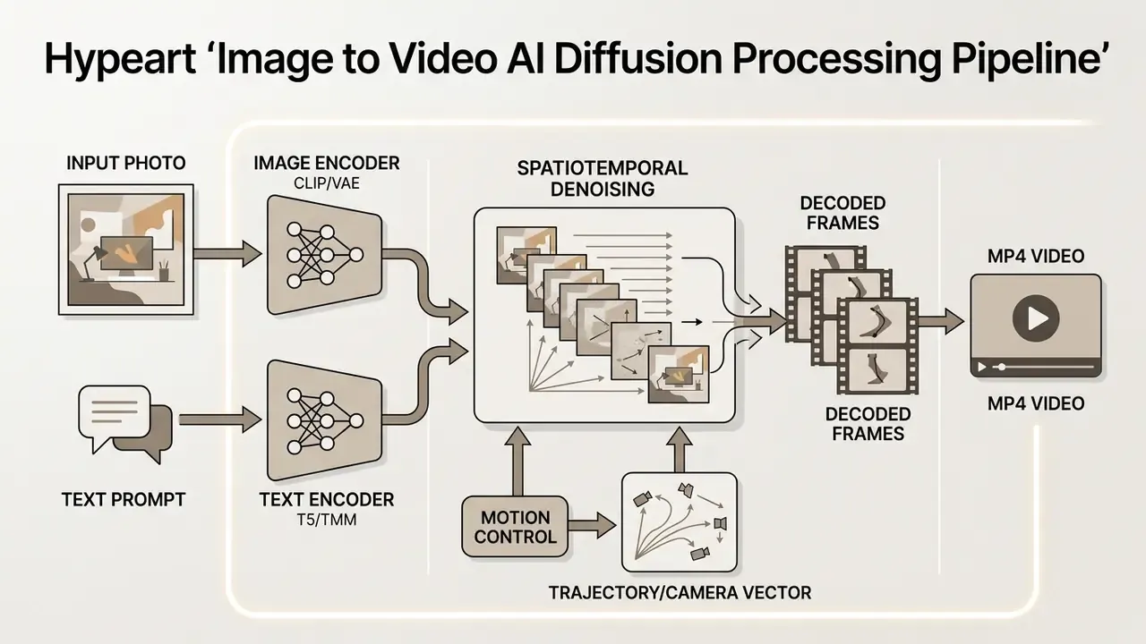Diagram showing how an AI image to video generator processes inputs through encoders and denoising layers