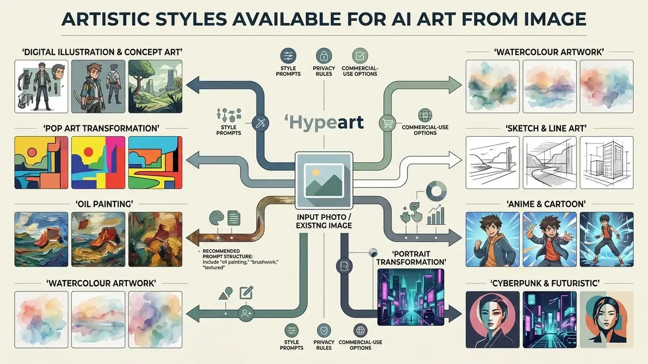 Diagram showing various artistic styles like oil painting and anime that can be applied to a source photo
