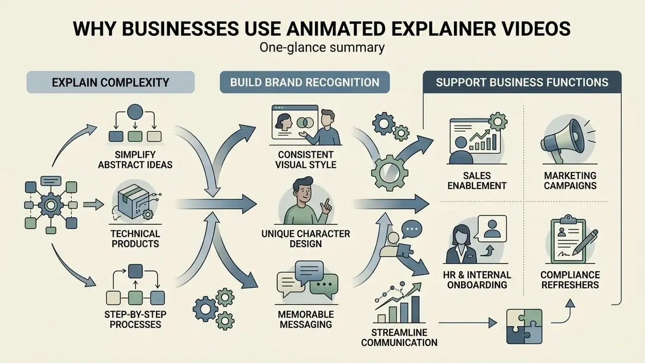 Infographic diagram illustrating how animated explainer videos simplify complex ideas and support business goals