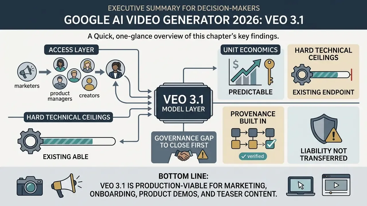 Infographic summarizing the Veo 3.1 Google AI video generator model layer and its production viability