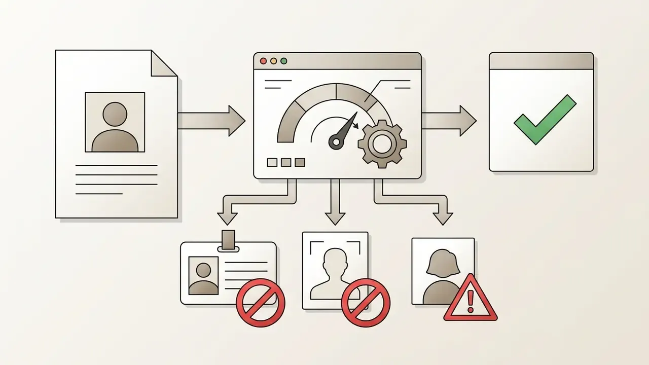 Document with a profile icon being processed by a gauge and gear system into various flagged outputs