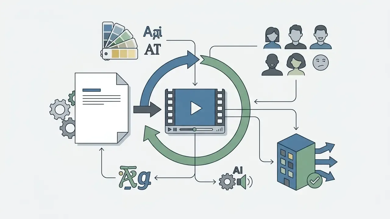 Central video player icon linked to document processing, branding palettes, character sets, and corporate export