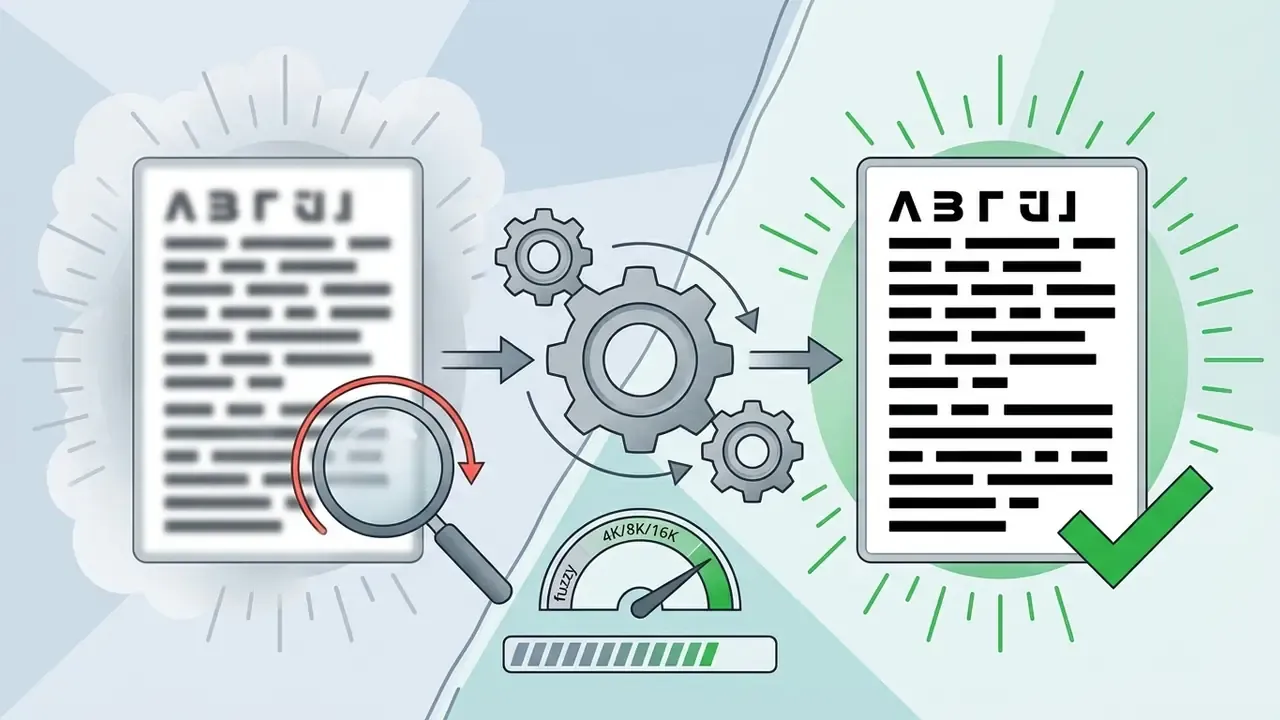 Blurry document processed through gears to become a sharp legible file with a completion checkmark