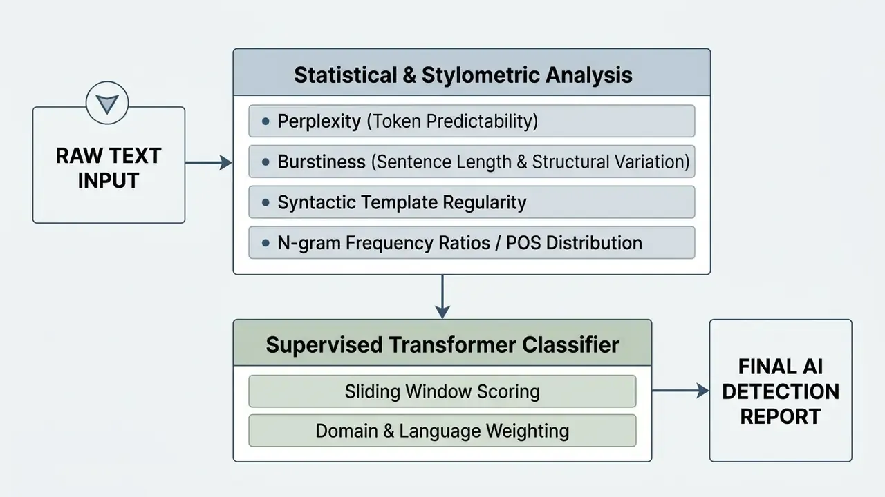 Flowchart showing raw text moving through statistical analysis and a classifier to produce a detection report
