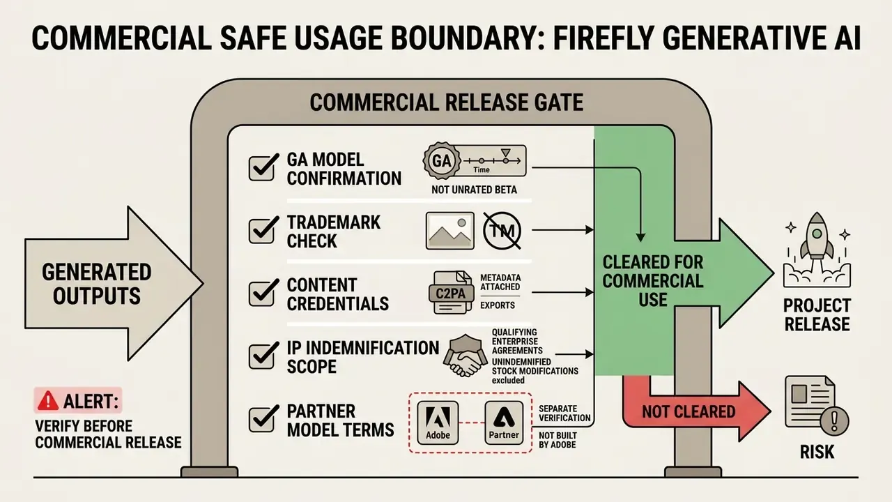 Diagram showing a commercial release gate for generative AI outputs with verification steps for safe use