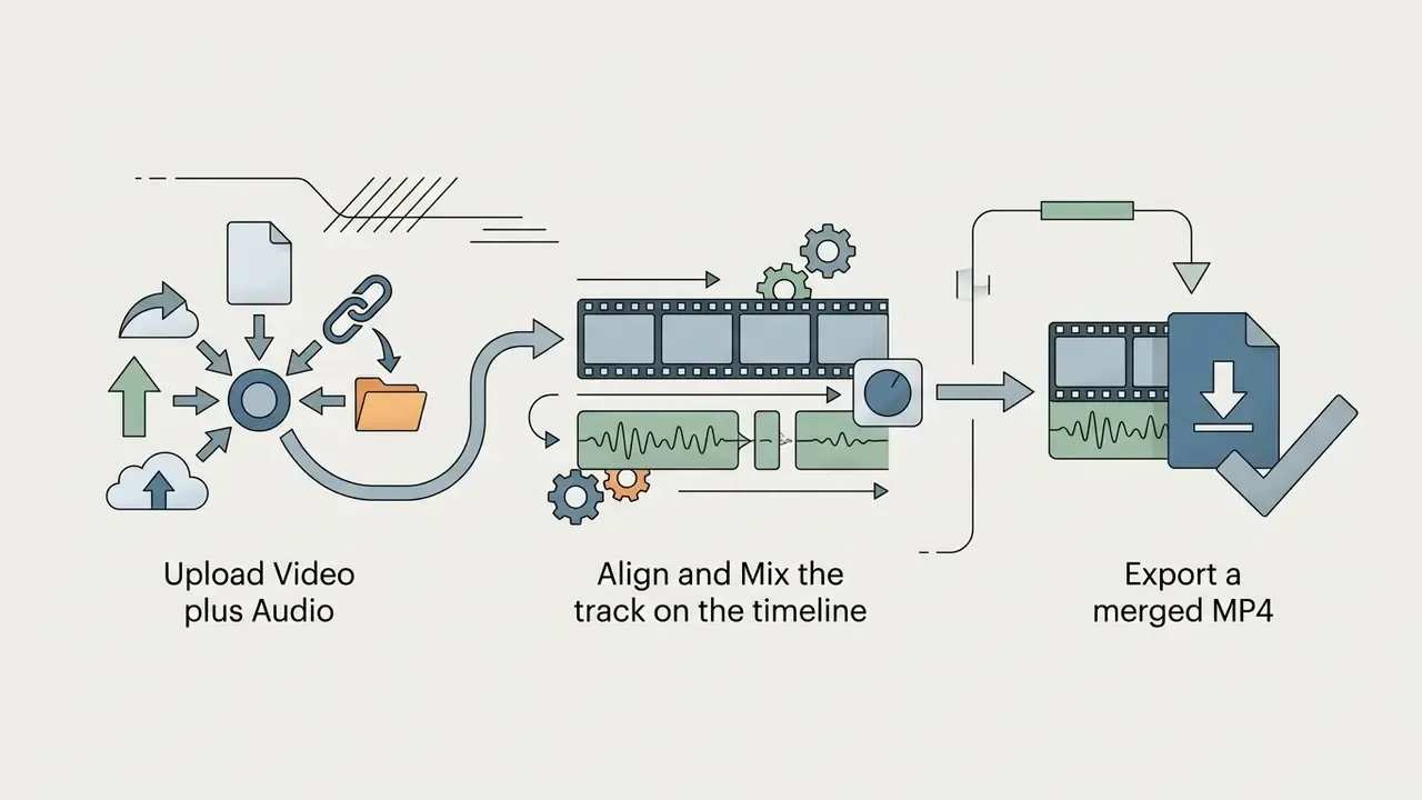 Process diagram showing how to add music to video by uploading files, mixing tracks, and exporting an MP4