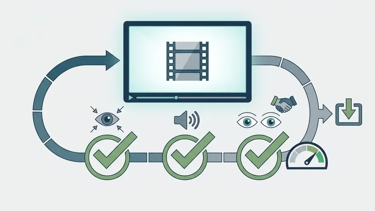 Circular workflow icons showing video review steps with eyes, sound, and handshake symbols before export