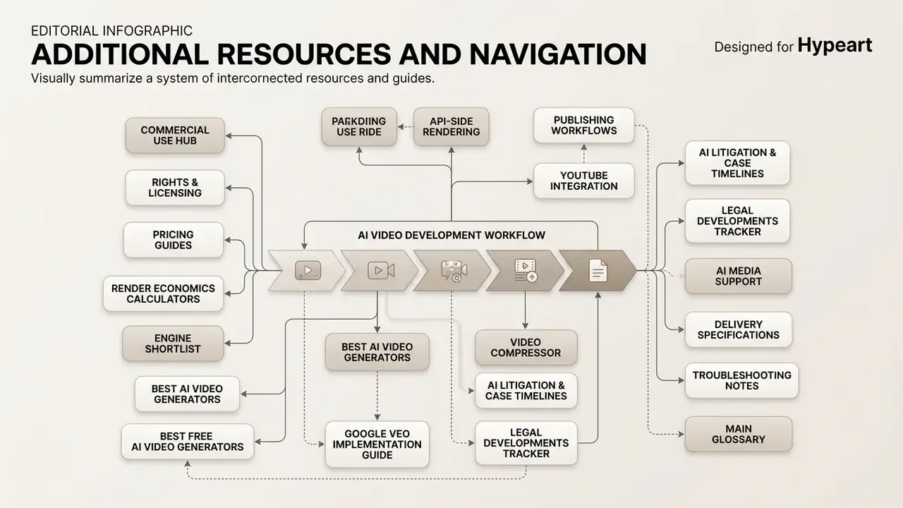 Network diagram mapping various guides and resources to a central AI video development workflow