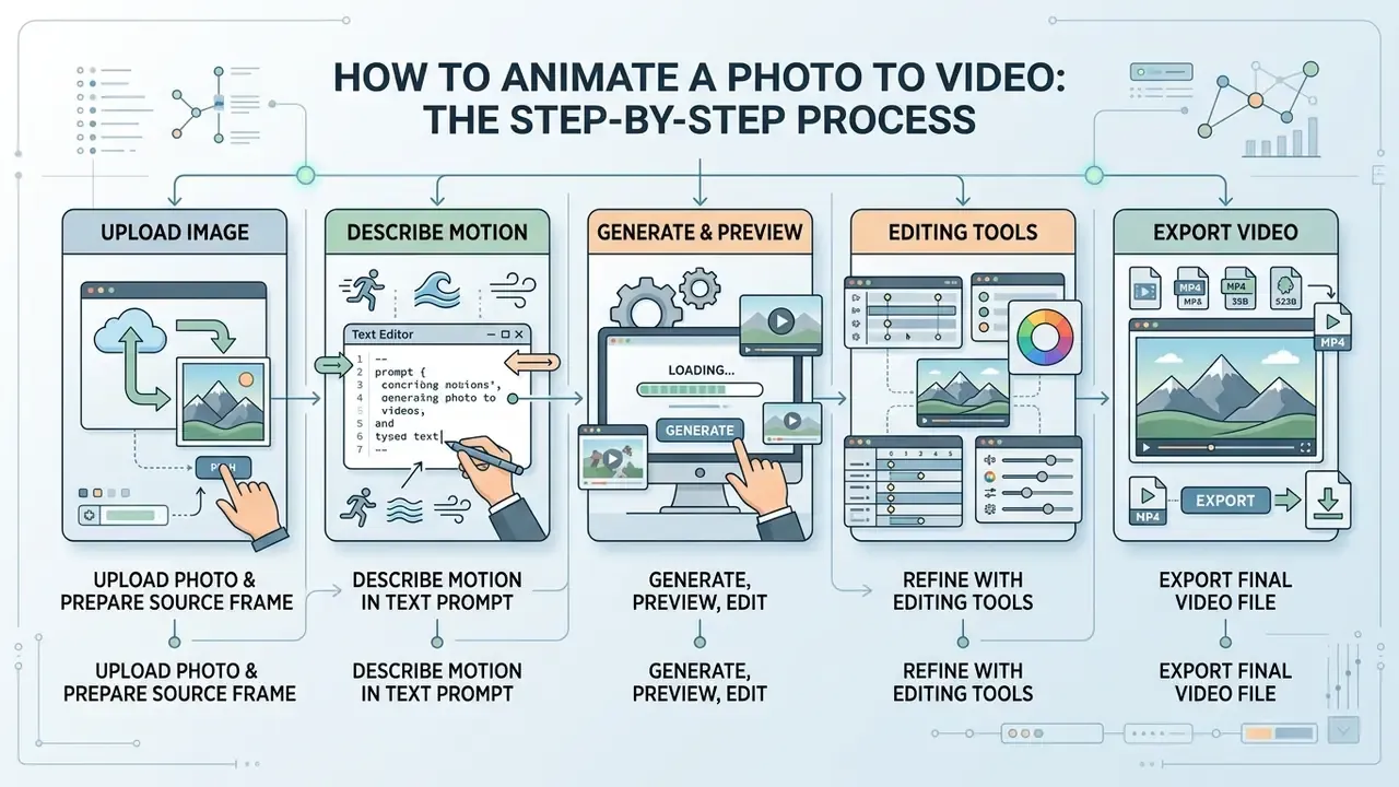 Five-stage visual guide showing the workflow of a free AI image to video animation tool