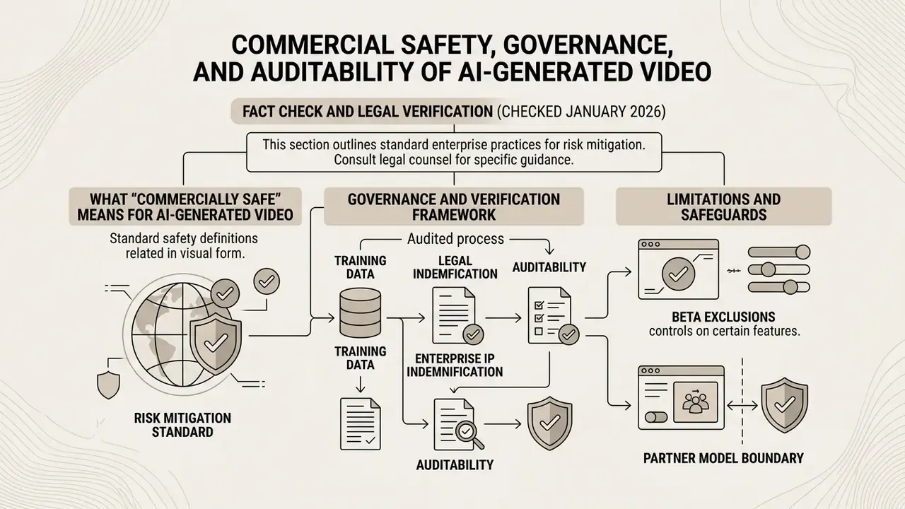 Flowchart outlining risk mitigation, legal verification, and governance processes for generative video