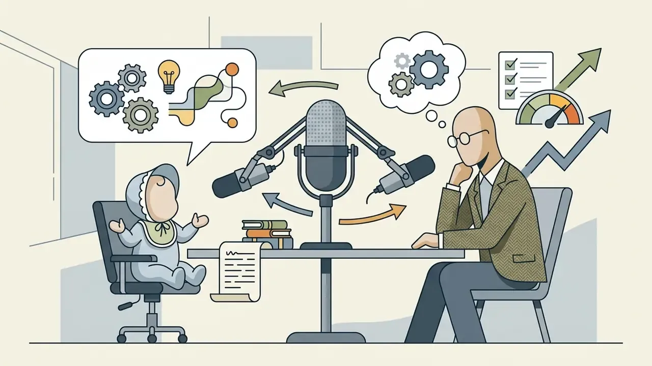 Baby in a bonnet and an adult expert sitting at a table with a microphone for a podcast interview