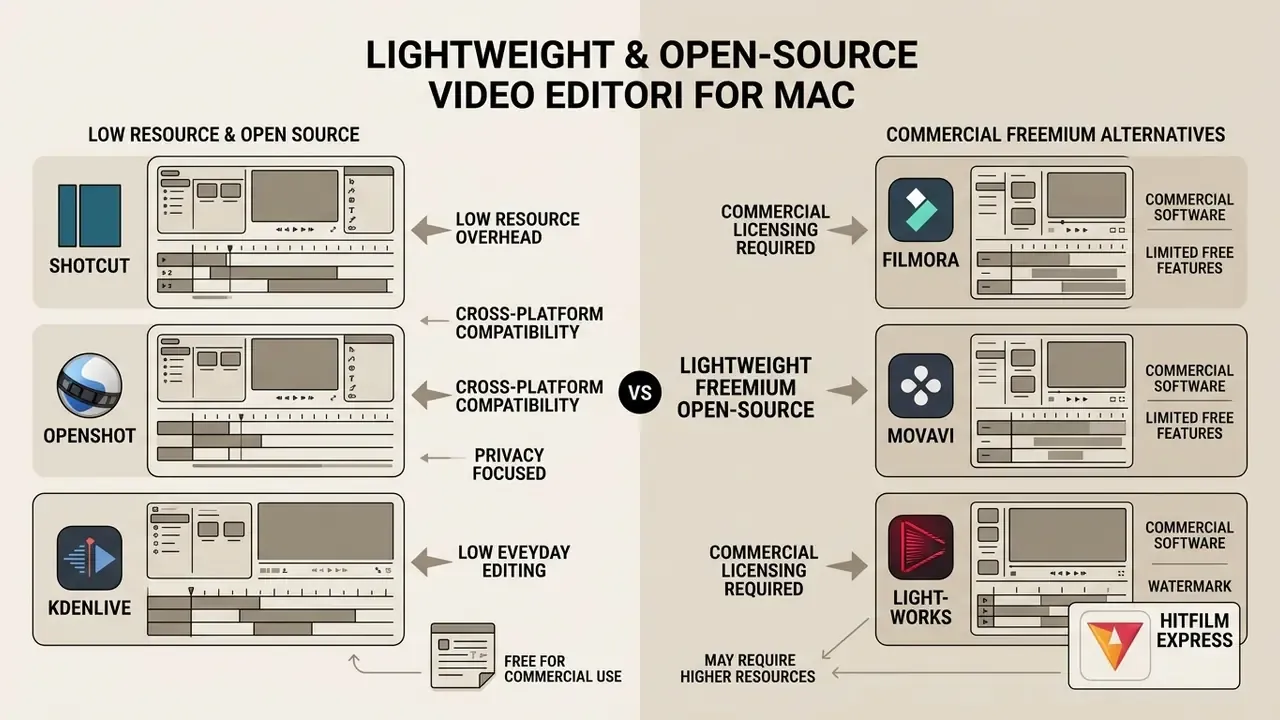 Comparison chart contrasting open-source video editors for Mac with commercial freemium alternatives