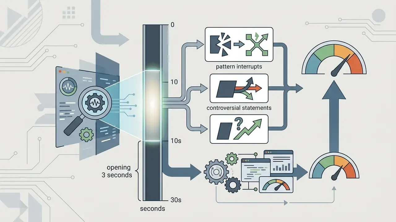 Visual representation of NLP evaluators analyzing video opening segments for hook strength metrics