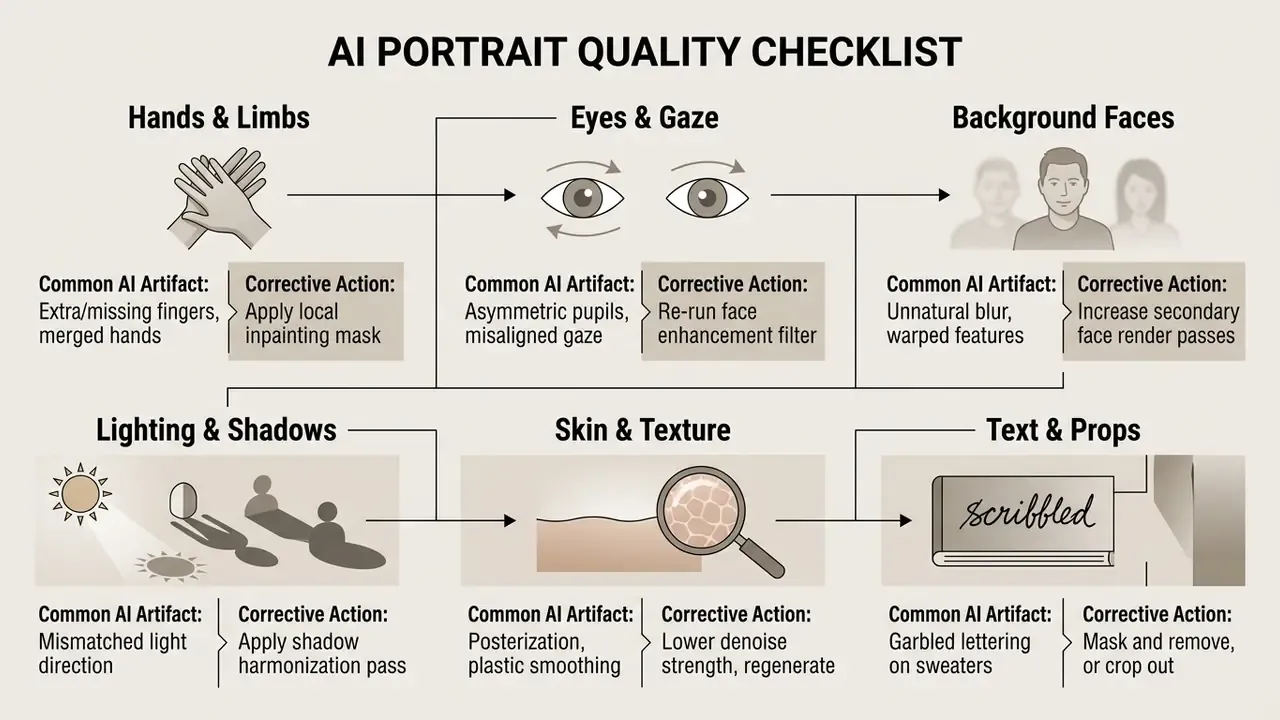 Diagram detailing common AI portrait artifacts and corrective actions for hands, eyes, lighting, and skin