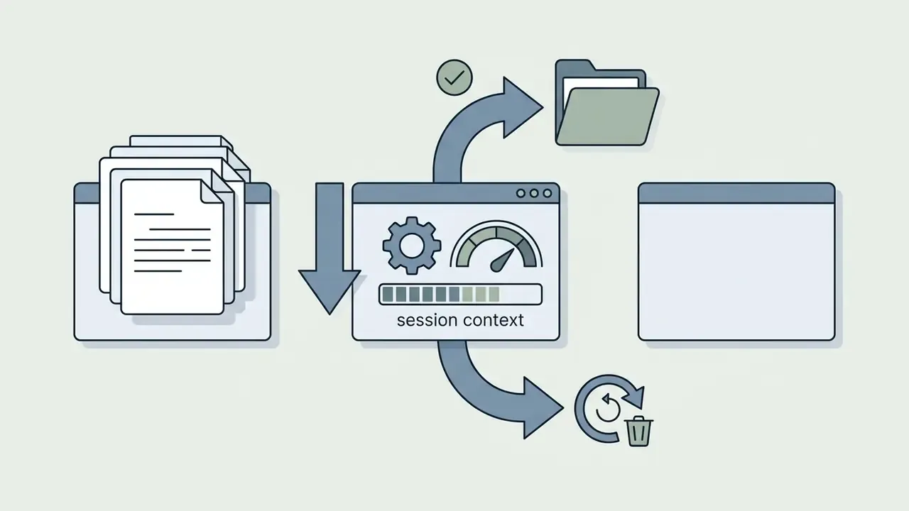 Cycle showing documents being exported from a session window before clearing the memory
