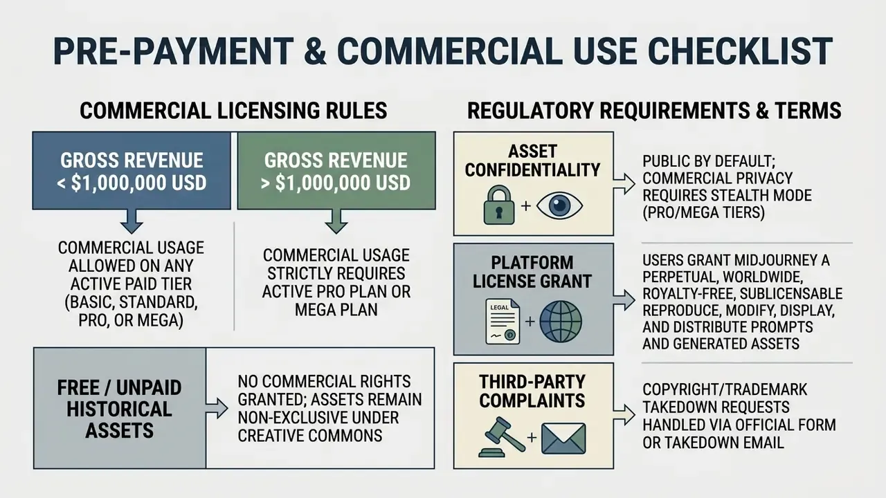Checklist mapping Midjourney commercial licensing rules and regulatory requirements for asset usage