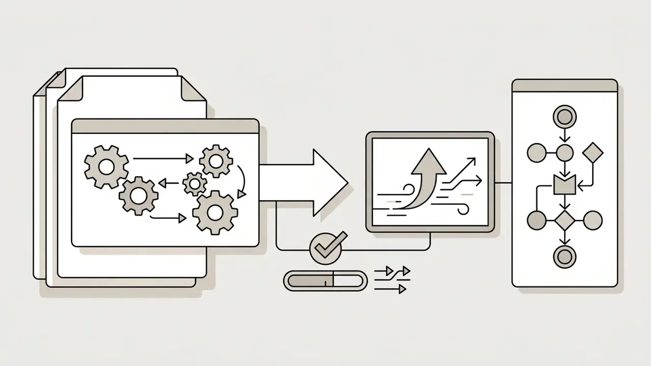 Gear mechanisms inside a document stack feeding into a screen with an upward arrow and logic nodes