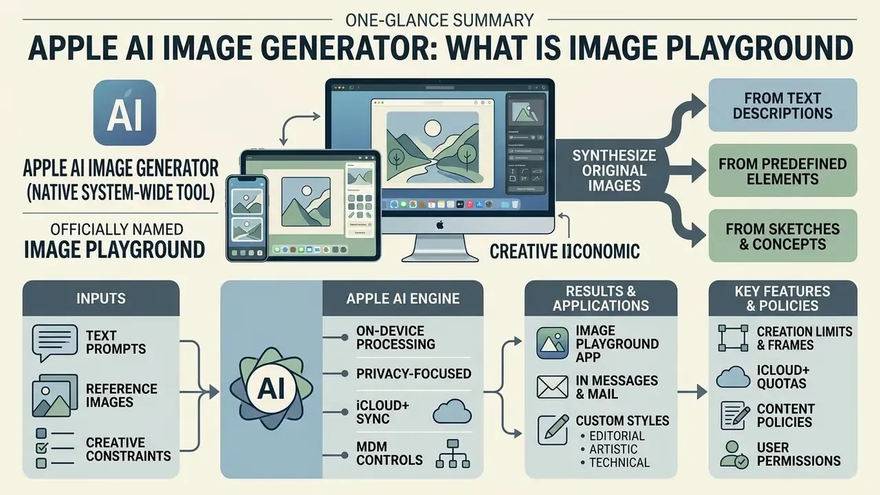 Flowchart detailing the Apple AI image generator inputs, processing engine, and system applications