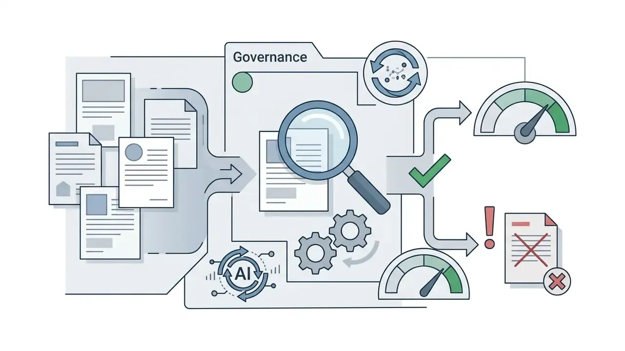 Documents flowing through a magnifying glass and AI gears to reach compliance gauges and validation outputs