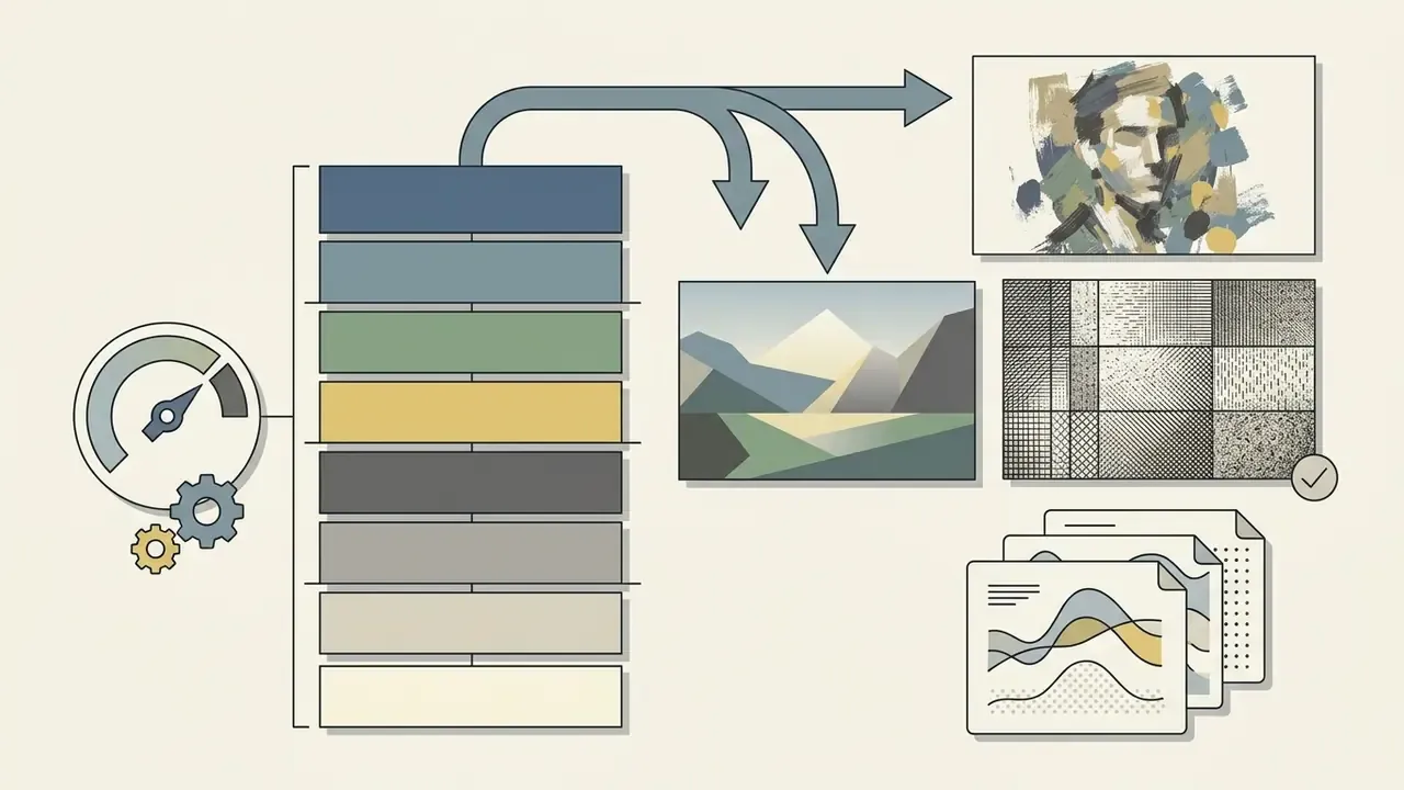 Diagram showing a vertical stack of color blocks connected to artistic outputs and data charts